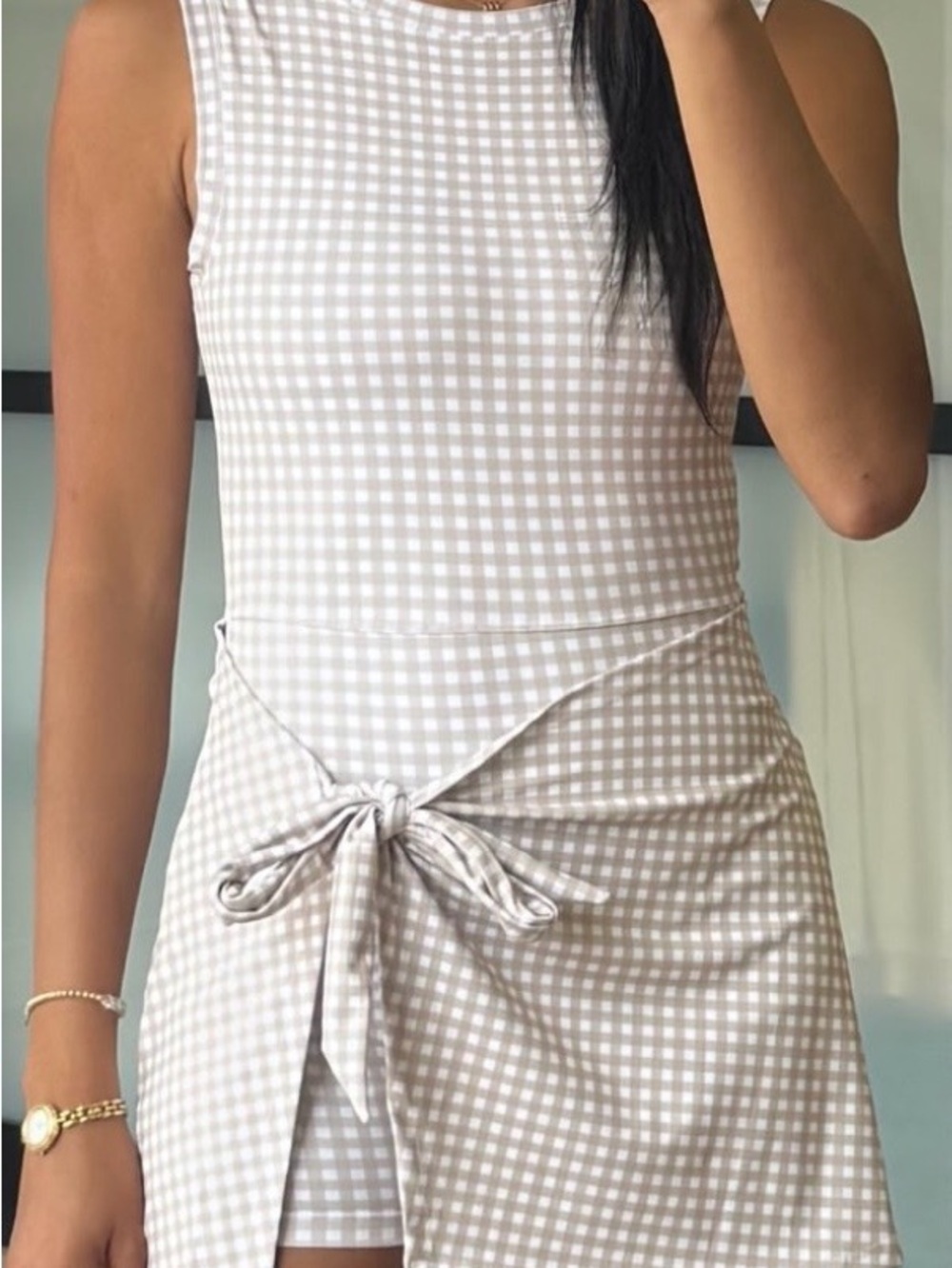TALULAH Gingham Active Wrap Romper | Beige